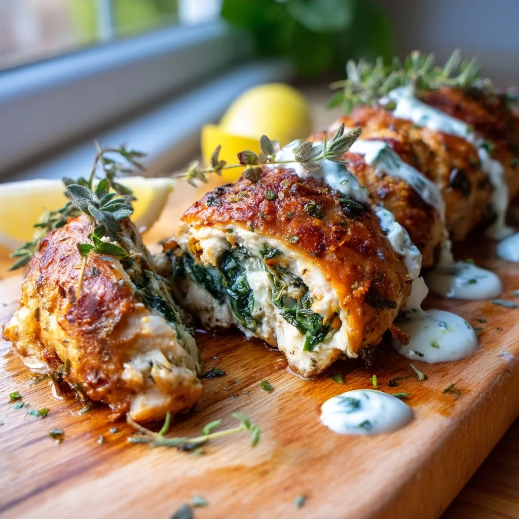 golden roasted Greek stuffed chicken with creamy tomato sauce, fresh herbs, and tender potatoes in white ceramic dish