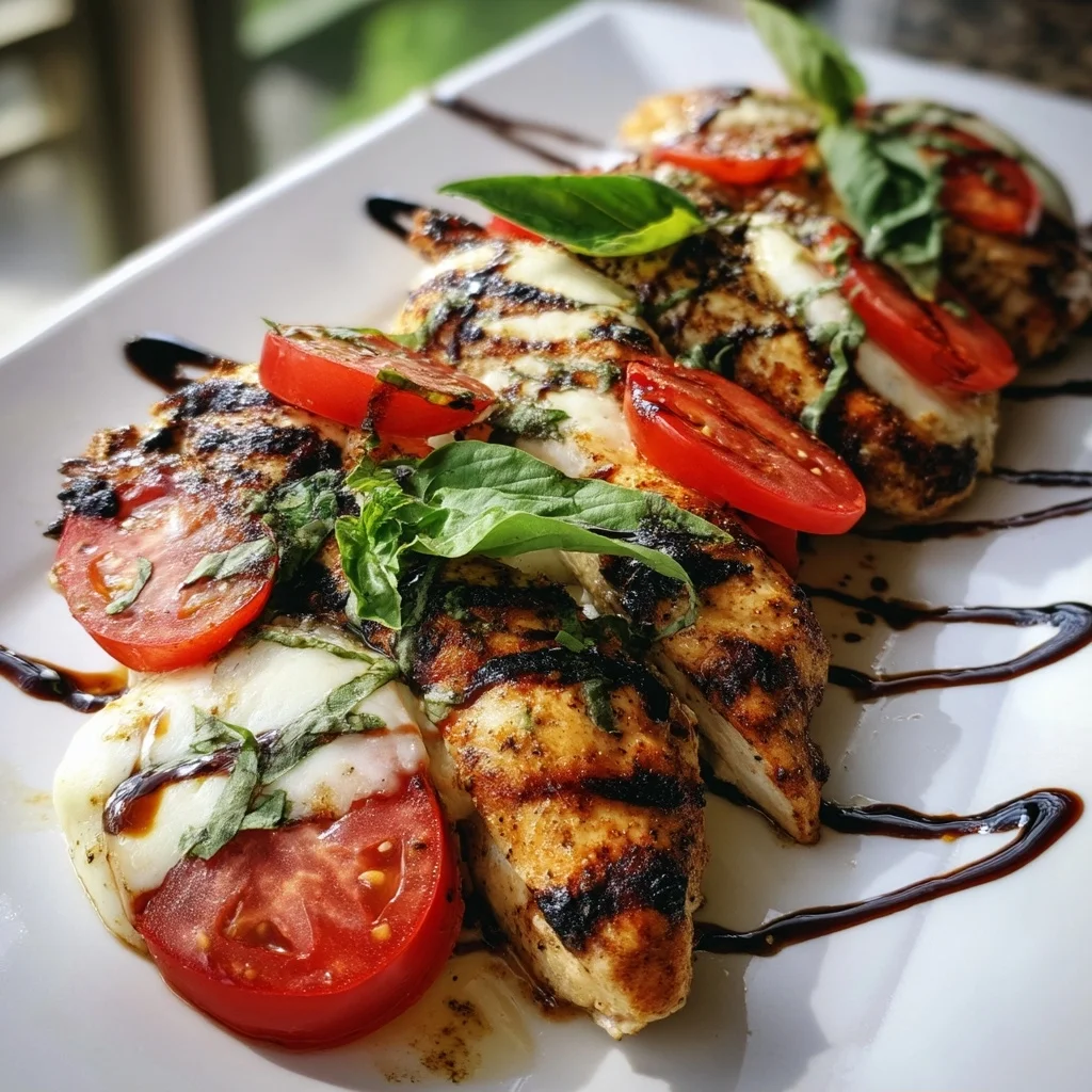 juicy grilled chicken caprese with melted mozzarella, fresh basil, and balsamic glaze on a rustic wooden board