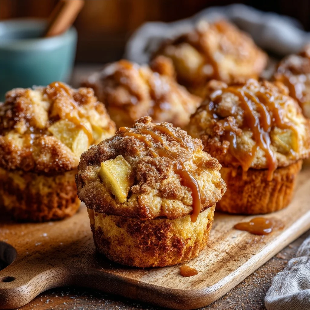 freshly baked apple cinnamon muffins with crumb topping and visible chunks of apple peeking through golden-brown batter