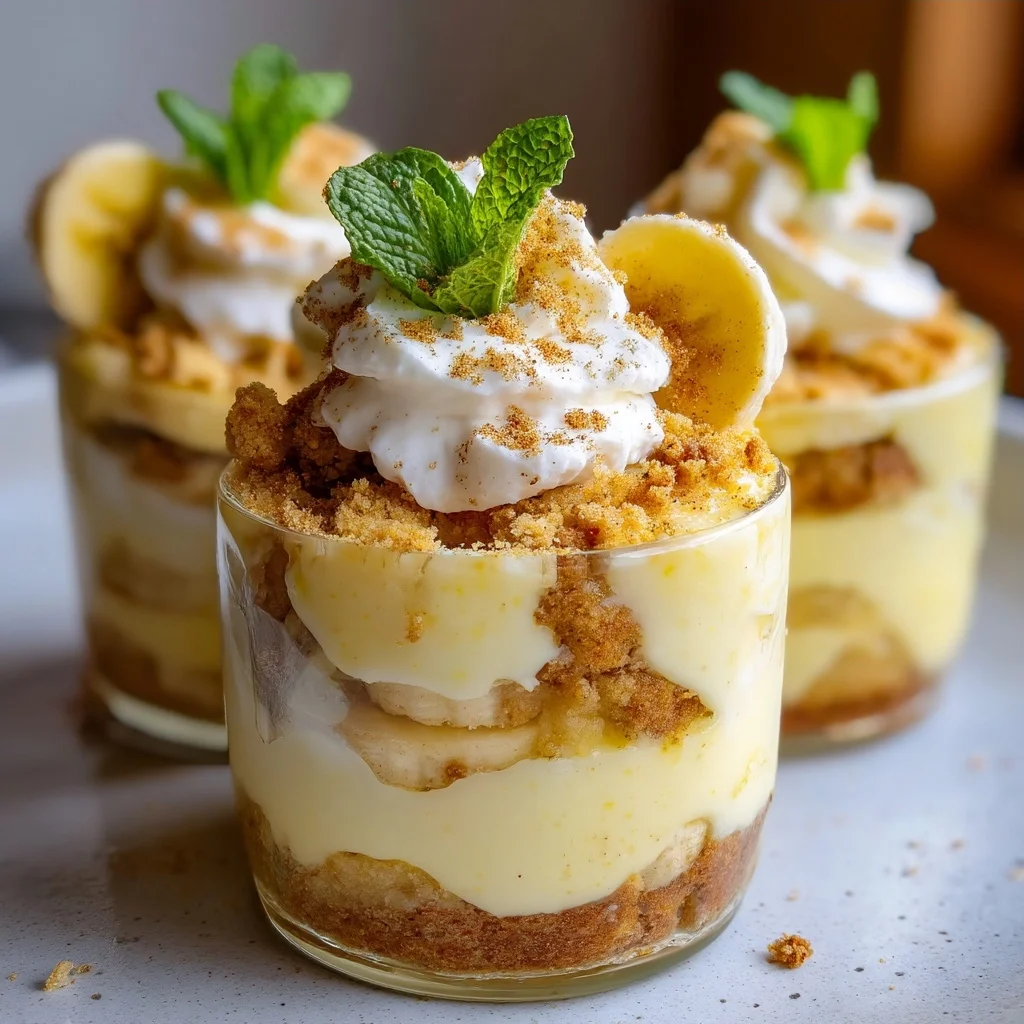 creamy banana pudding cups with vanilla wafer layers and whipped cream topping in glass jars