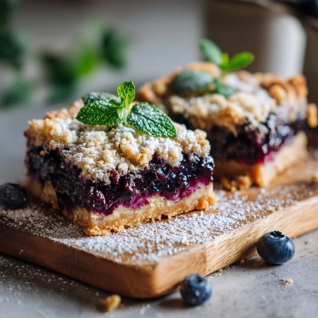 freshly baked blueberry crumble bars with golden oat topping and juicy berry filling oozing at the edges