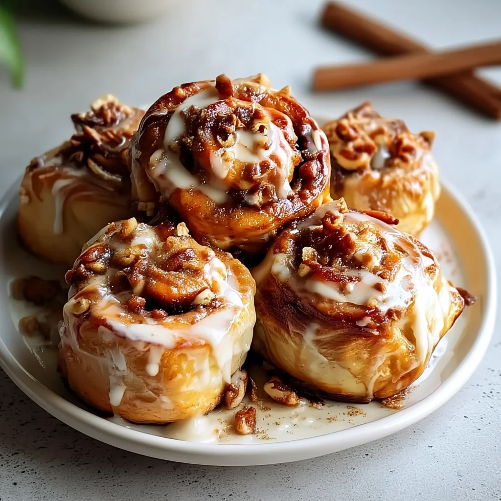 freshly baked cinnamon roll bites with glossy icing dripping down golden swirls in a white ceramic dish