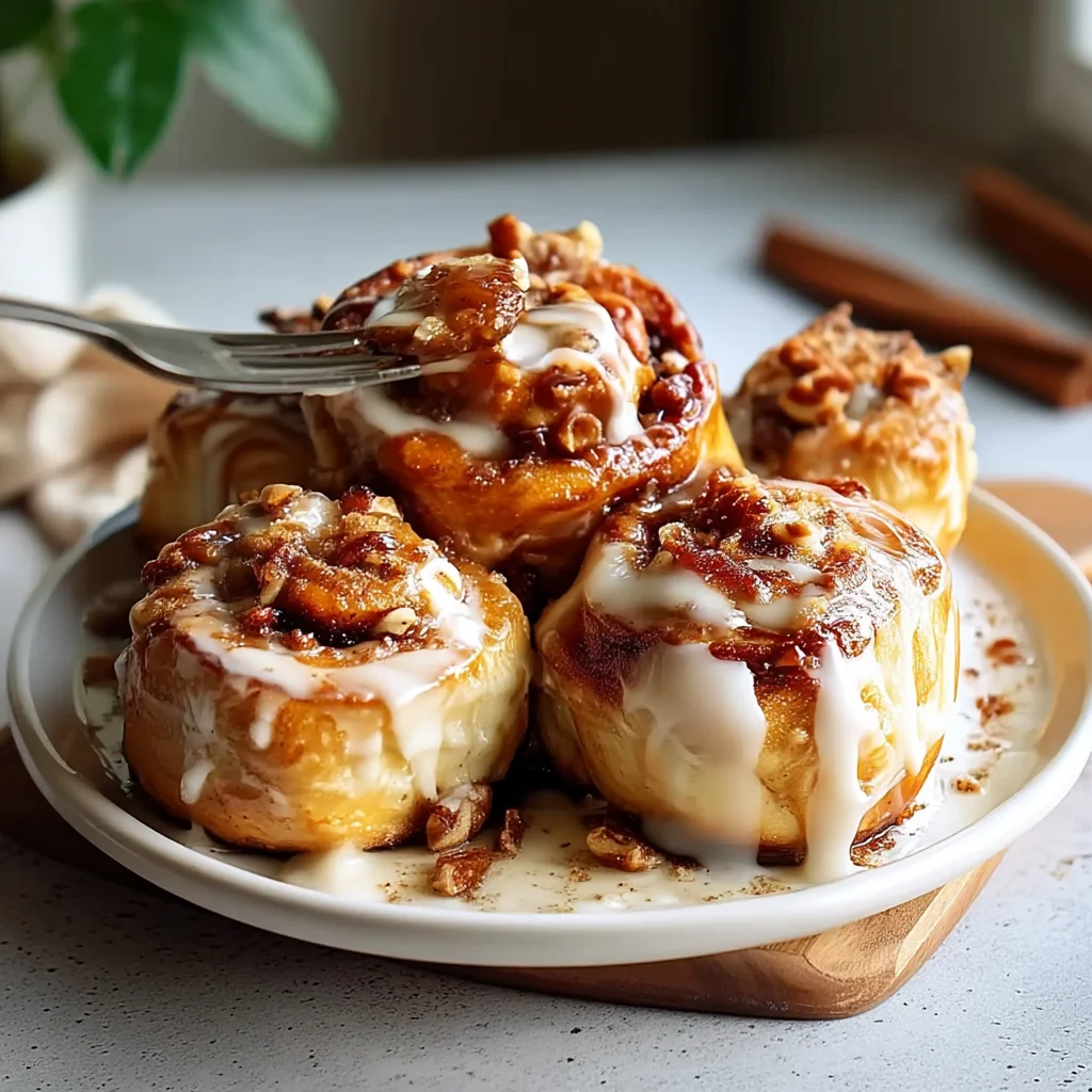 freshly baked cinnamon roll bites with glossy cream cheese frosting dripping down the sides in a white ceramic dish