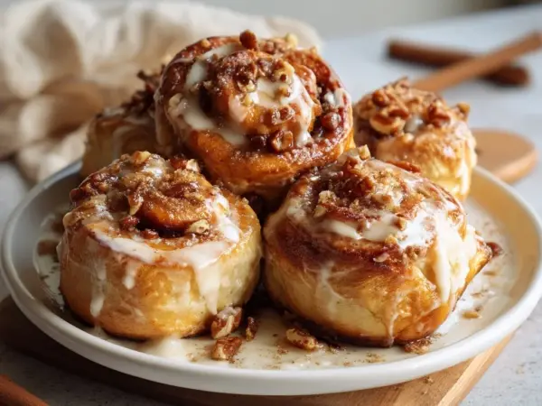 freshly baked cinnamon roll bites with glossy cream cheese glaze dripping down golden swirls