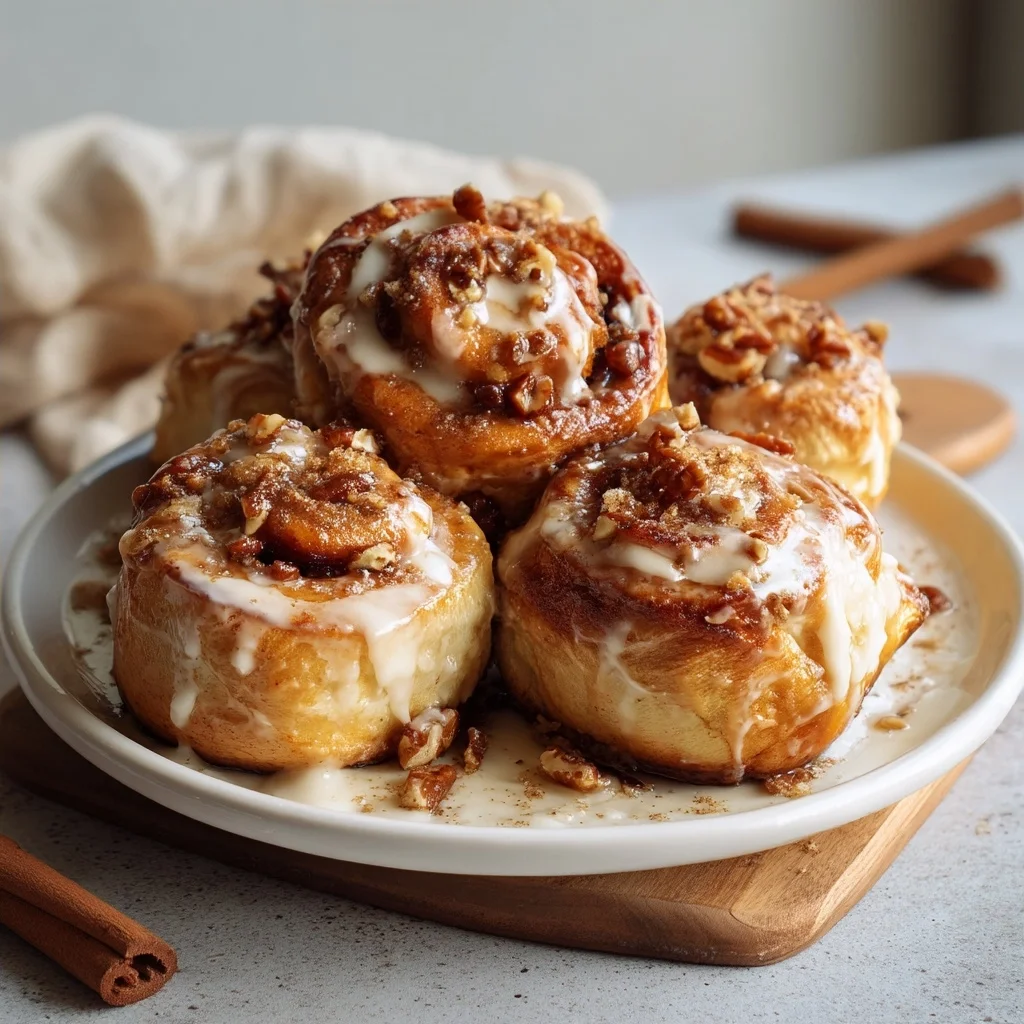 freshly baked cinnamon roll bites with glossy cream cheese glaze dripping down golden swirls