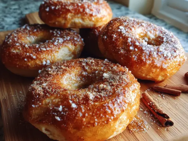 freshly baked cinnamon sugar bagels with golden crust and sparkling sugar topping on wooden board