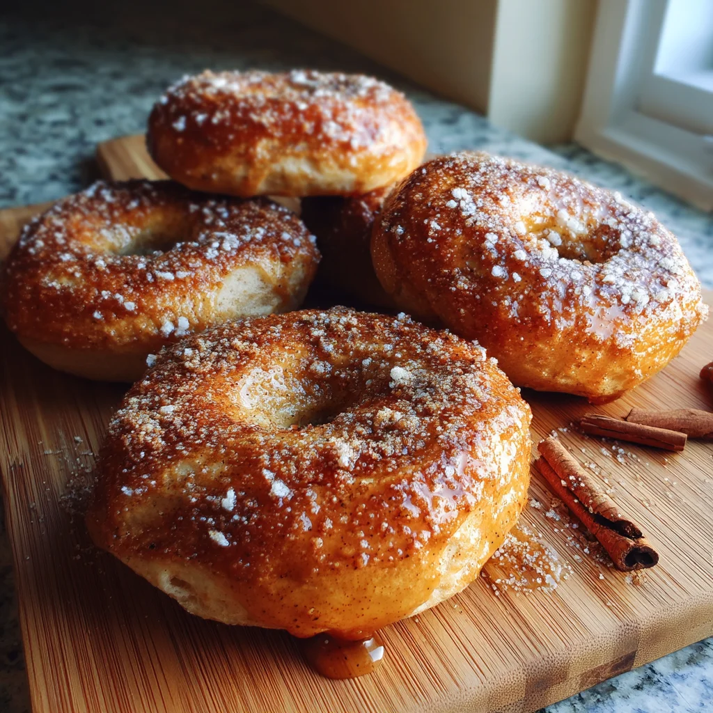 freshly baked cinnamon sugar bagels with golden crust and sparkling sugar topping on wooden board