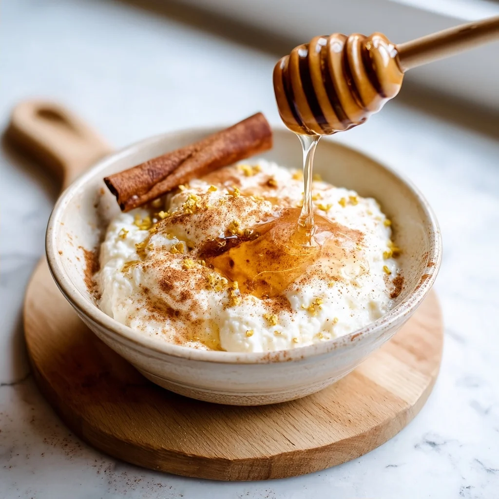 creamy honey cinnamon cottage cheese with golden drizzle and cinnamon dusting in white ceramic bowl