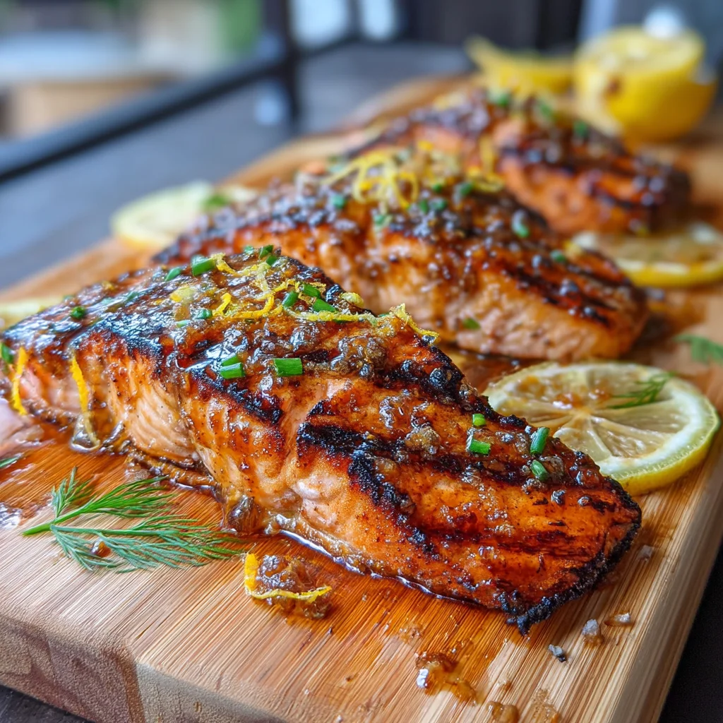 honey mustard grilled salmon with golden crust and glossy sauce on cedar plank