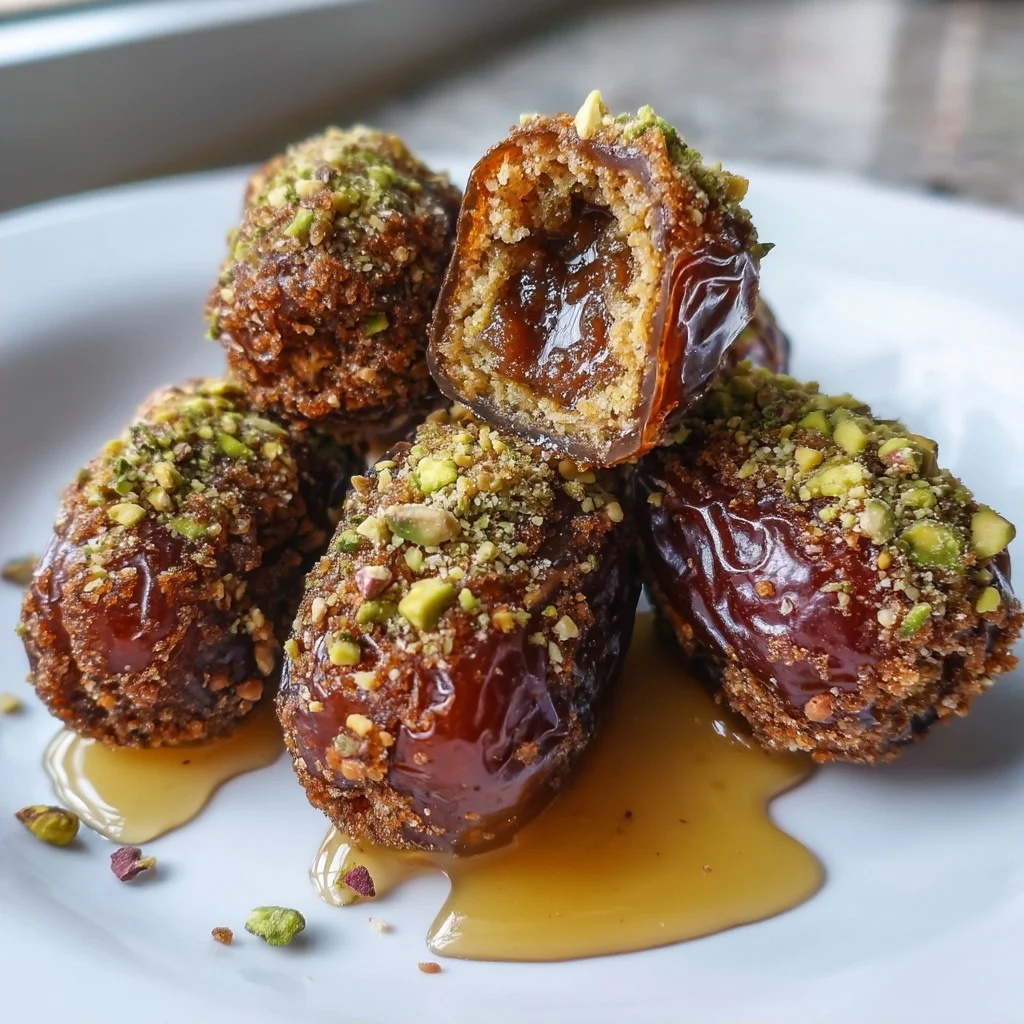 golden honey pistachio stuffed dates with crushed nuts and glossy drizzle on a white plate