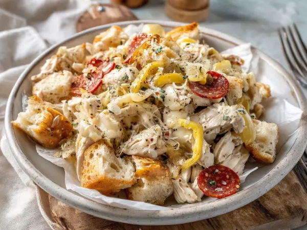 creamy Italian grinder chicken salad with golden edges, fresh herbs, and glossy sauce in a white ceramic dish