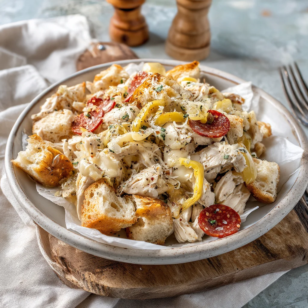 creamy Italian grinder chicken salad with golden edges, fresh herbs, and glossy sauce in a white ceramic dish