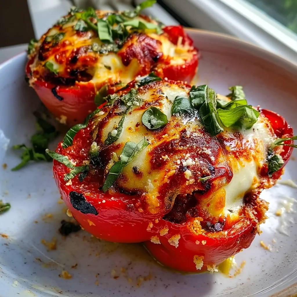 golden roasted italian stuffed bell peppers oozing with melted cheese and rich tomato sauce