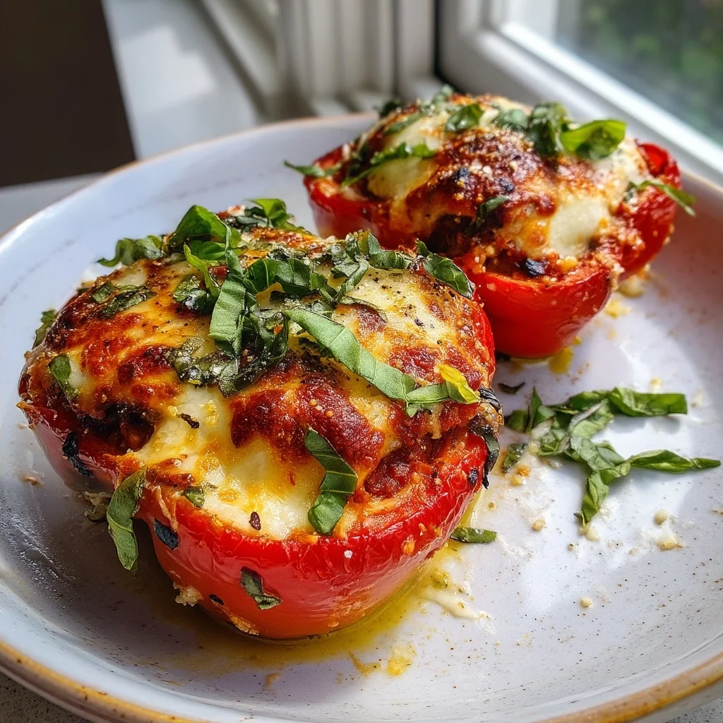 italian stuffed bell peppers overflowing with meat and cheese filling, roasted to perfection with golden edges