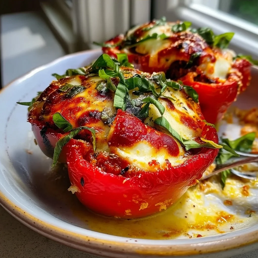 italian stuffed bell peppers with melted cheese and rich tomato sauce bubbling over golden edges