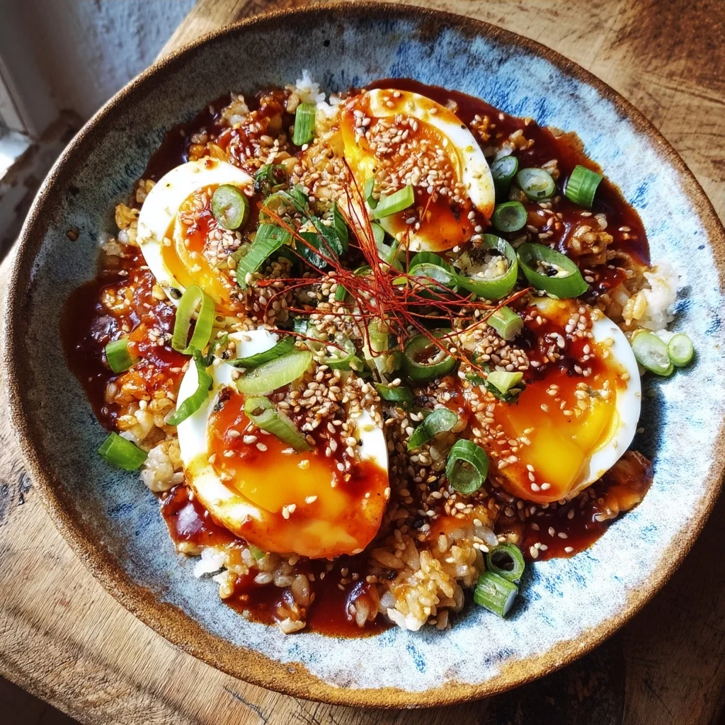 Korean gochujang egg bowl with glossy sauce coating perfectly cooked eggs and rice, topped with sesame seeds and green onions