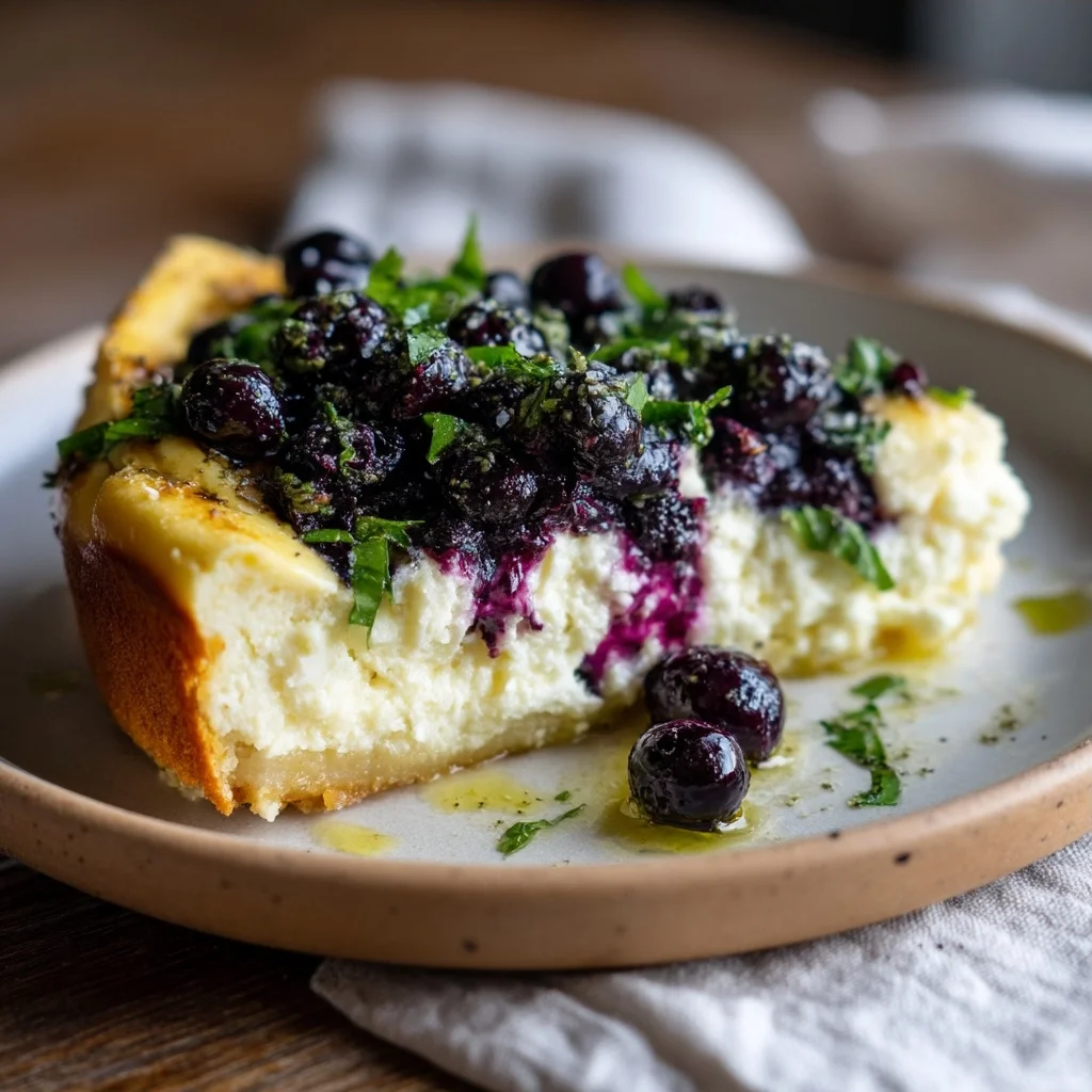 creamy lemon blueberry cheesecake with golden crust and fresh berry drizzle on white plate