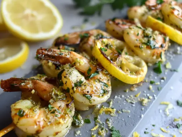 golden lemon garlic shrimp skewers with creamy garlic glaze, roasted edges, and fresh parsley garnish on a white ceramic plat
