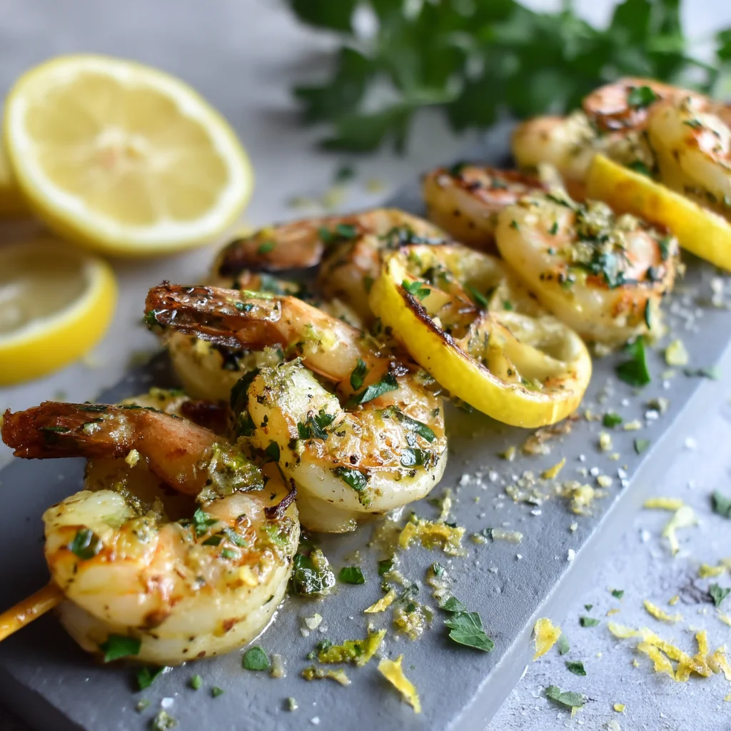 golden lemon garlic shrimp skewers with creamy garlic glaze, roasted edges, and fresh parsley garnish on a white ceramic plat