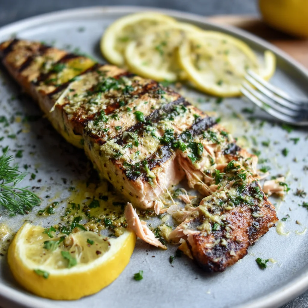 juicy lemon herb grilled salmon with golden crust and fresh herbs, served with roasted potatoes