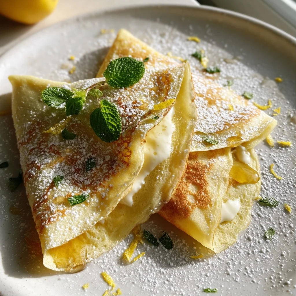 golden lemon ricotta crepes drizzled with glossy citrus sauce and sprinkled with fresh herbs