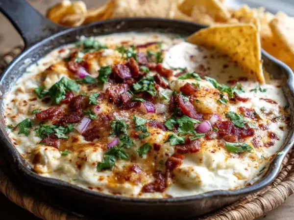 loaded cottage cheese queso in a white ceramic dish with creamy sauce, golden edges, and fresh herbs