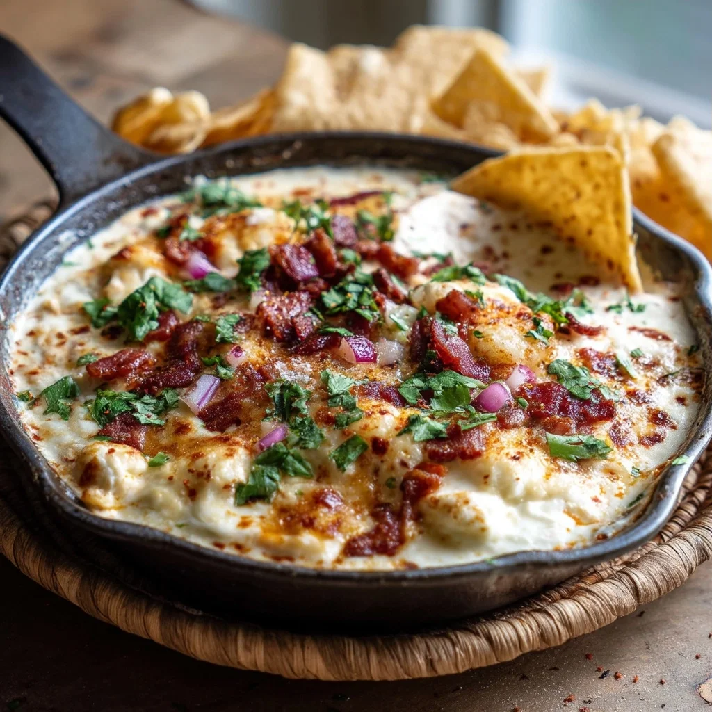 loaded cottage cheese queso in a white ceramic dish with creamy sauce, golden edges, and fresh herbs