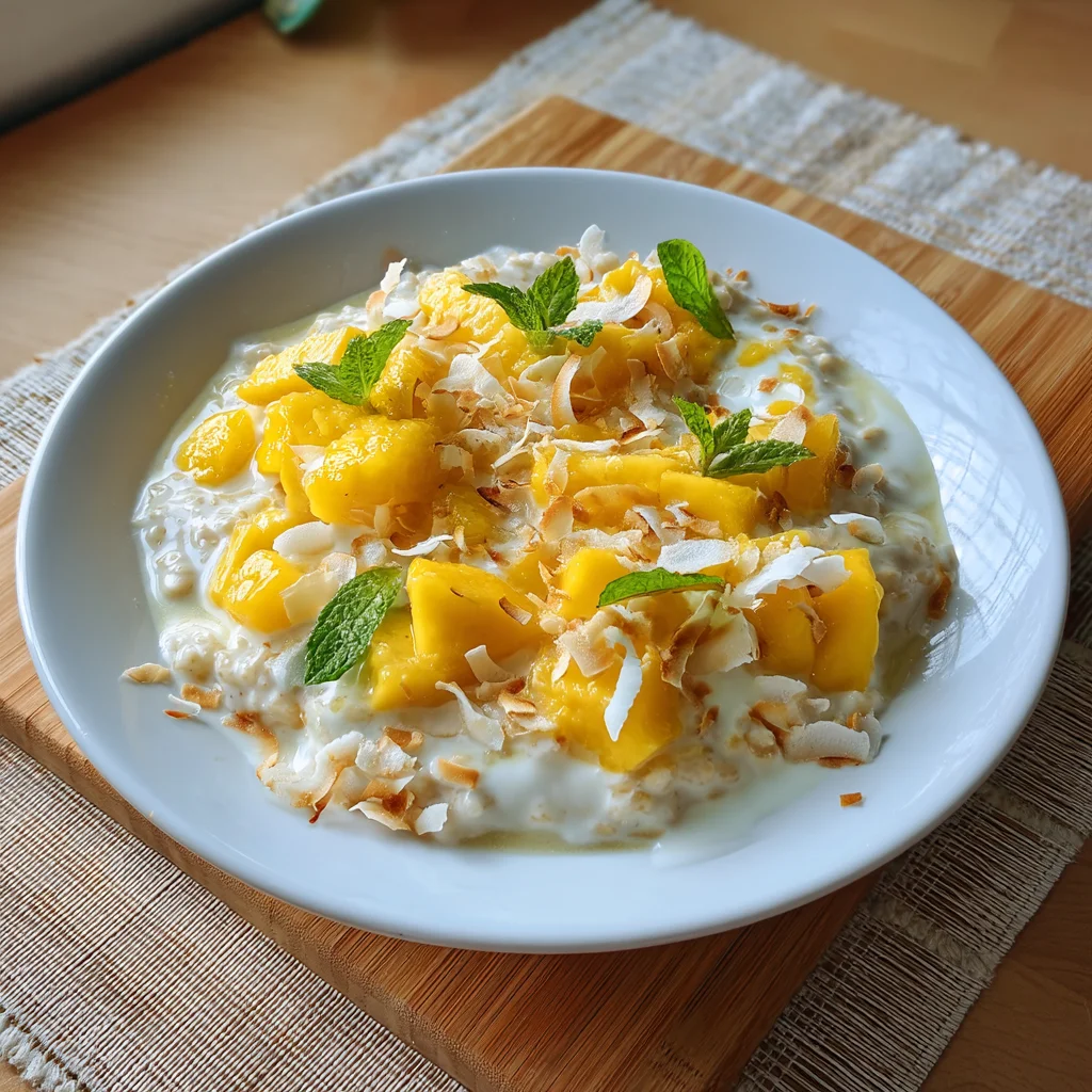 creamy mango coconut overnight oats in a white bowl with fresh mango chunks and toasted coconut flakes