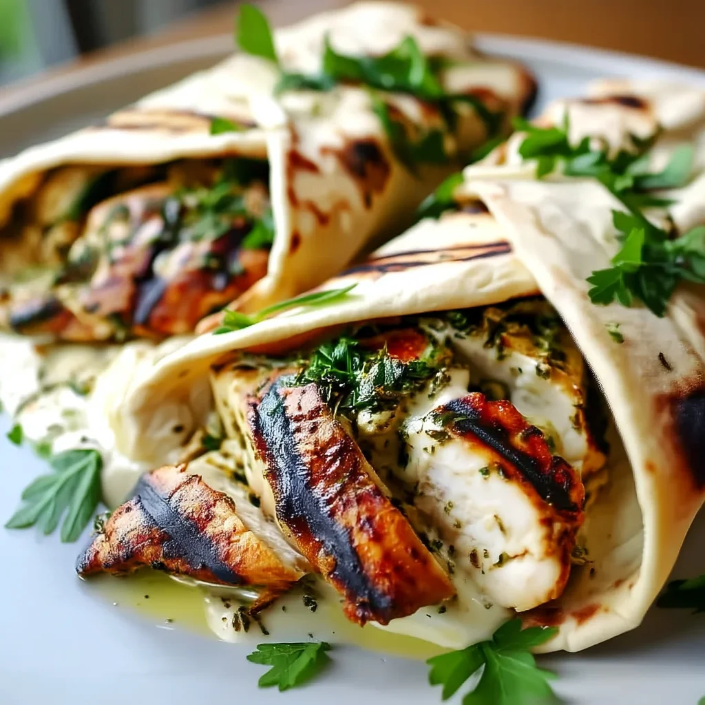 golden mediterranean chicken wraps with creamy garlic sauce and fresh herbs in a white ceramic dish