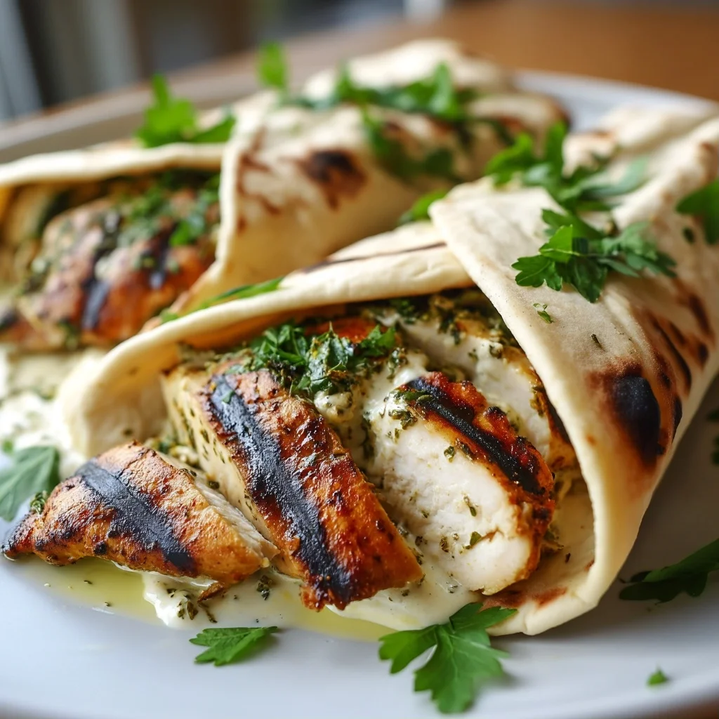 golden mediterranean chicken wraps with creamy garlic sauce, fresh herbs, and colorful veggies peeking out