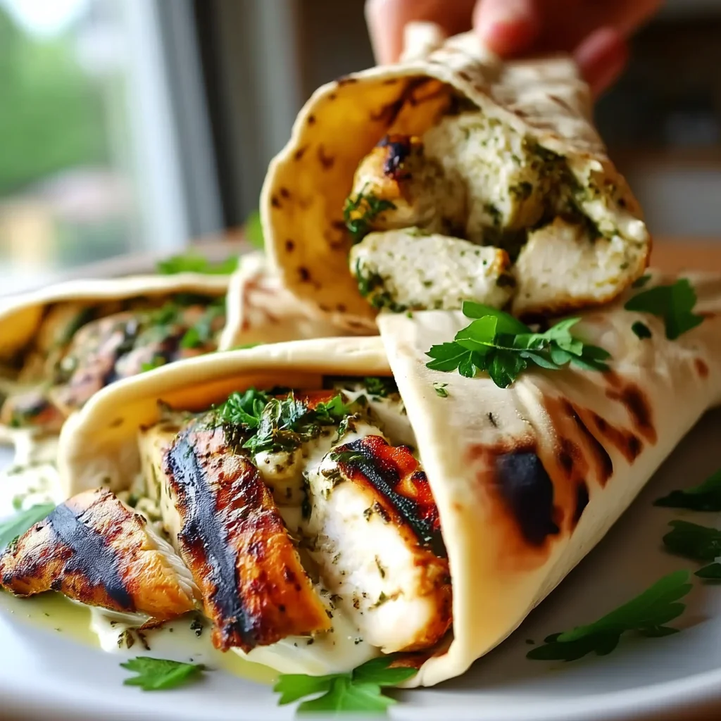 golden mediterranean chicken wraps with creamy garlic sauce and fresh herbs in a white ceramic dish