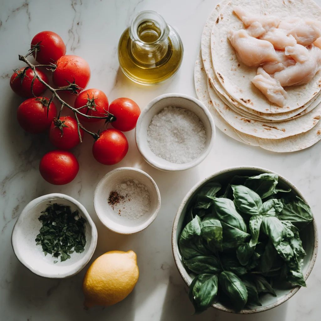 golden roasted mediterranean chicken wraps with creamy garlic sauce and fresh herbs in a white ceramic dish