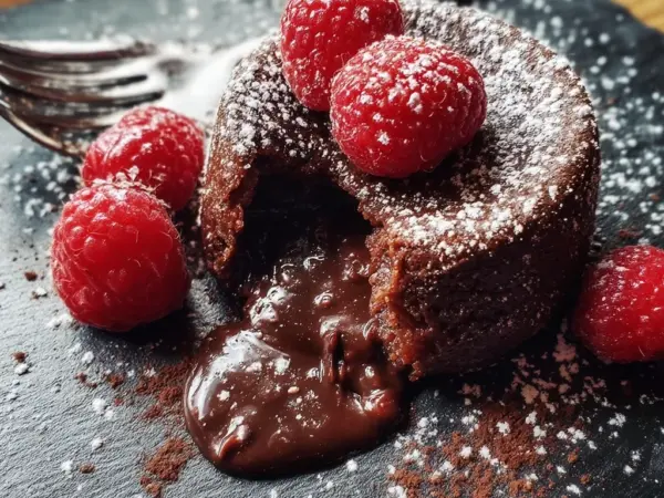 mini protein lava cakes with molten chocolate centers, dusted with cocoa powder and fresh raspberries