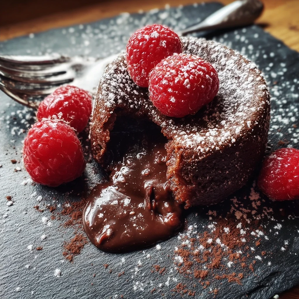 mini protein lava cakes with molten chocolate centers, dusted with cocoa powder and fresh raspberries