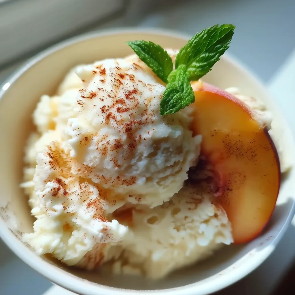 creamy peach cottage cheese sorbet with golden peach swirls in a white ceramic bowl