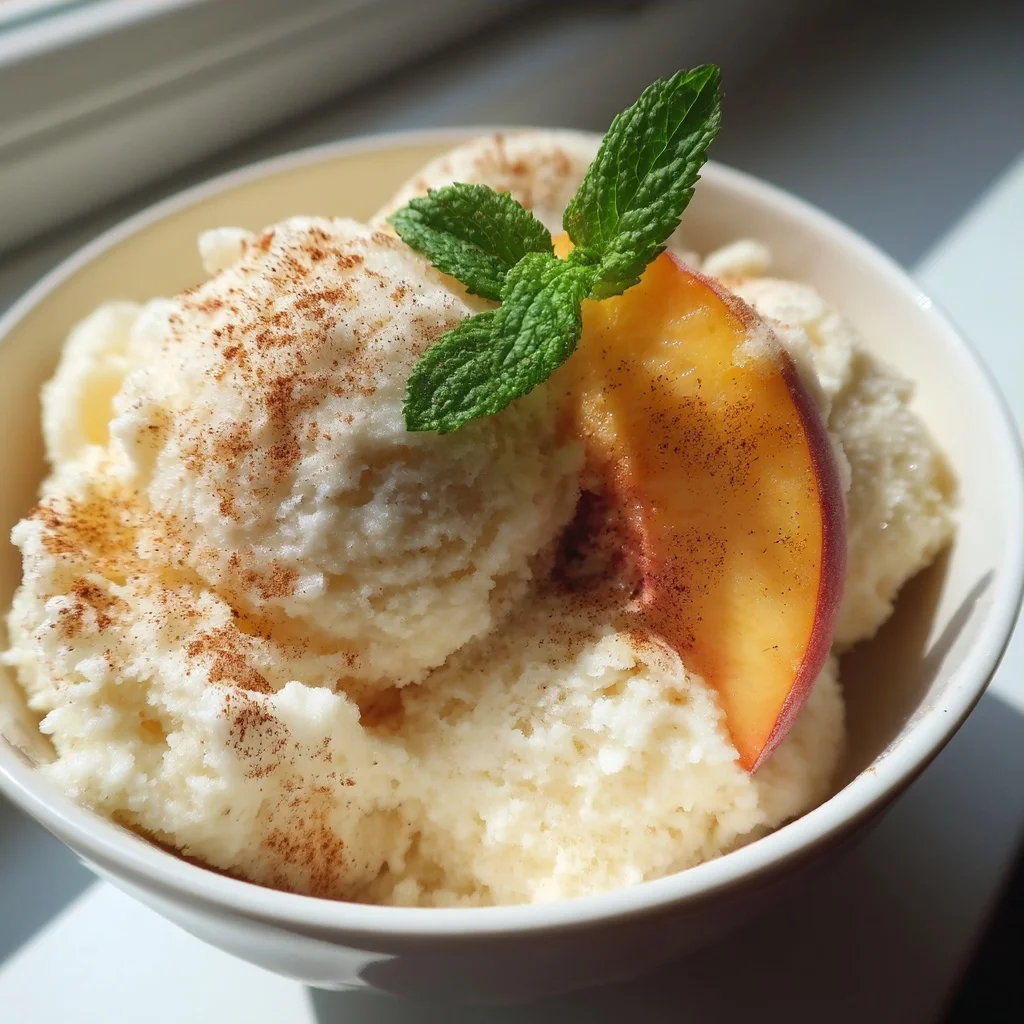 creamy peach cottage cheese sorbet with fresh peach chunks and mint garnish in white bowl