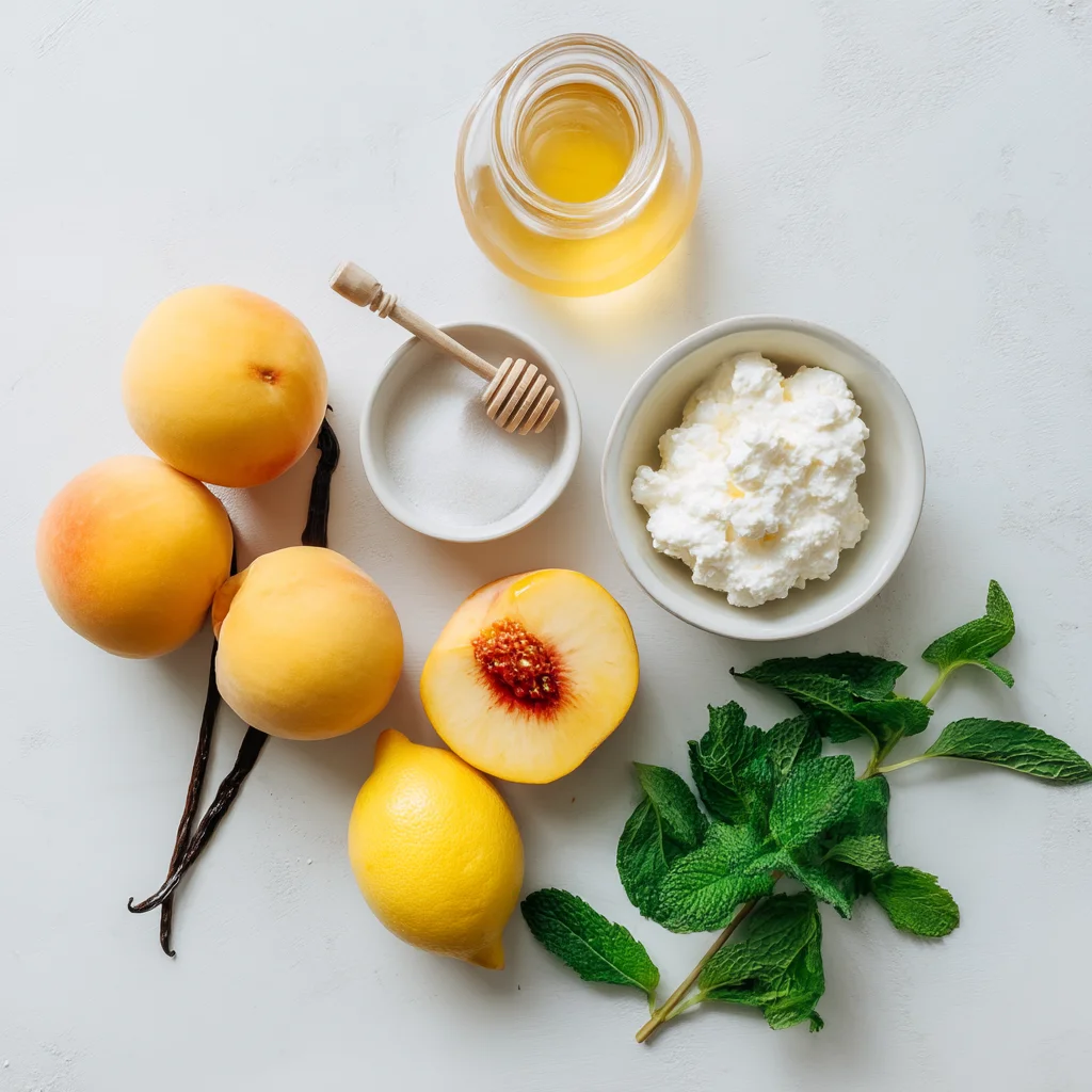 creamy peach cottage cheese sorbet with fresh peach chunks and a glossy texture, ready to scoop