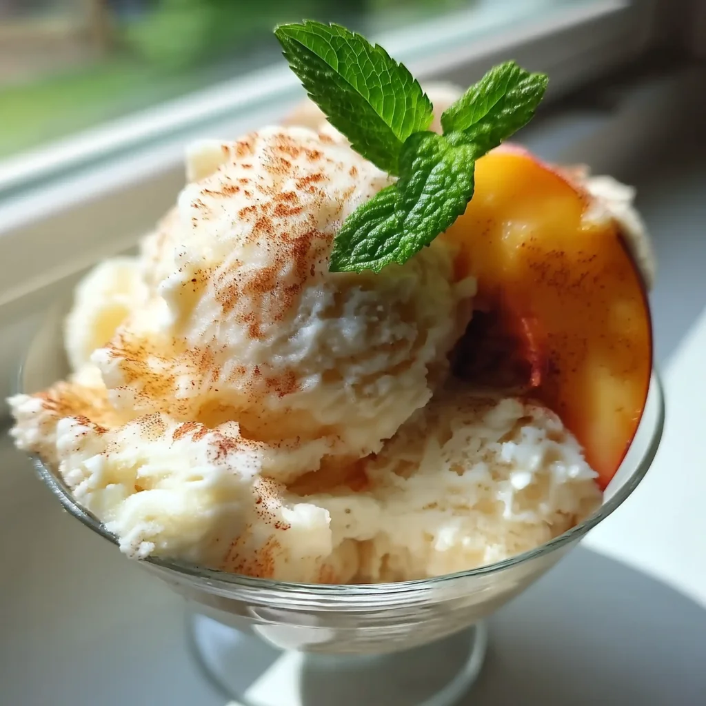 creamy peach cottage cheese sorbet served in a white ceramic bowl with fresh peach slices and mint garnish