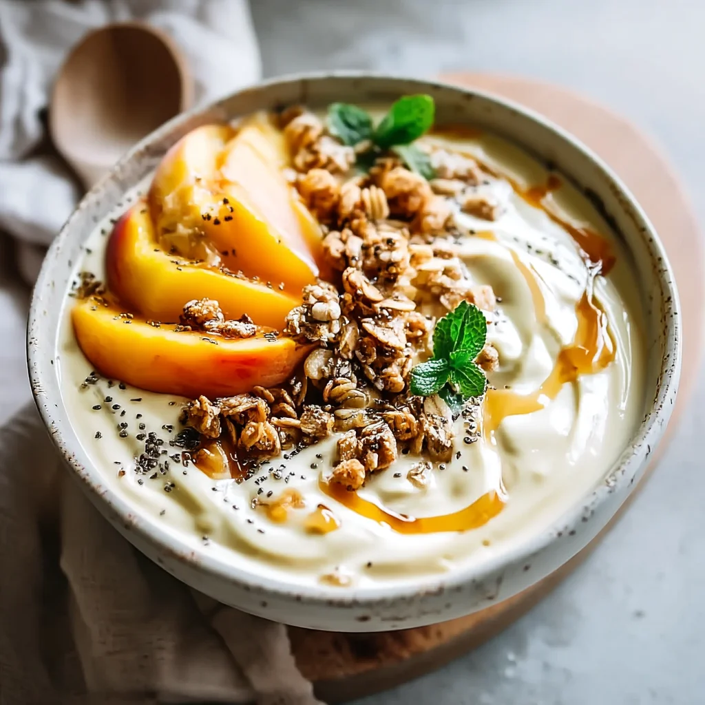 creamy peach vanilla smoothie bowl with fresh peach slices and granola toppings in a white bowl