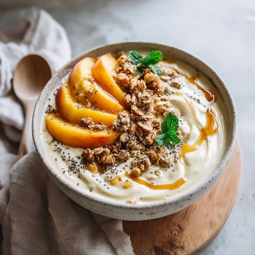 creamy peach vanilla smoothie bowl topped with fresh peach slices, granola, and chia seeds