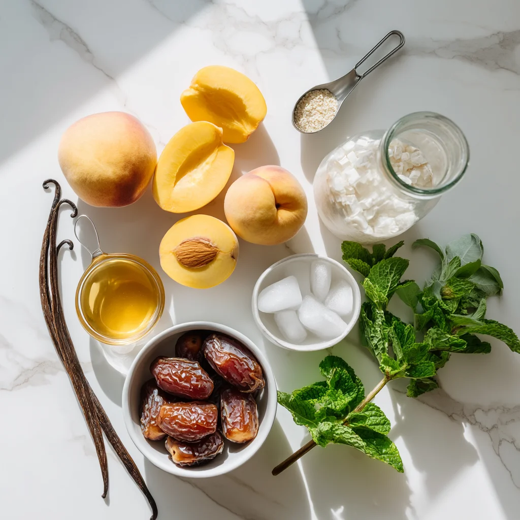 ripe peaches and vanilla bean arranged beside a blender for peach vanilla smoothie bowl preparation