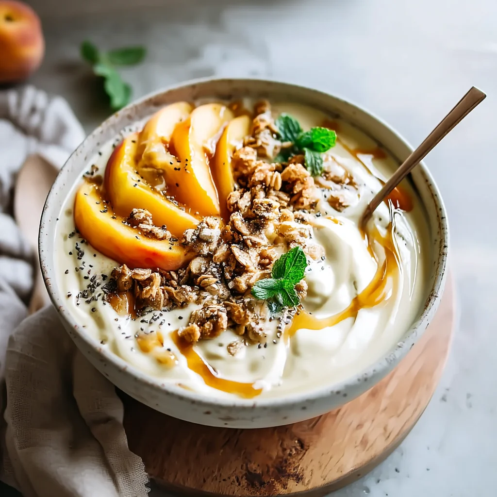 creamy peach vanilla smoothie bowl topped with fresh peach slices and granola in morning light