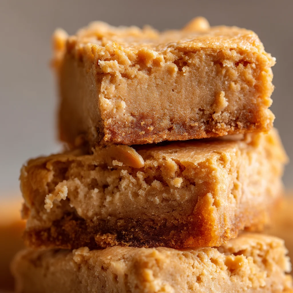 closeup of peanut butter protein blondies with golden edges and creamy peanut butter drizzle