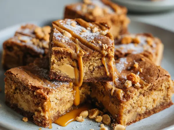 Gooey peanut butter protein blondies with cracked tops and chocolate chunks on a marble slab
