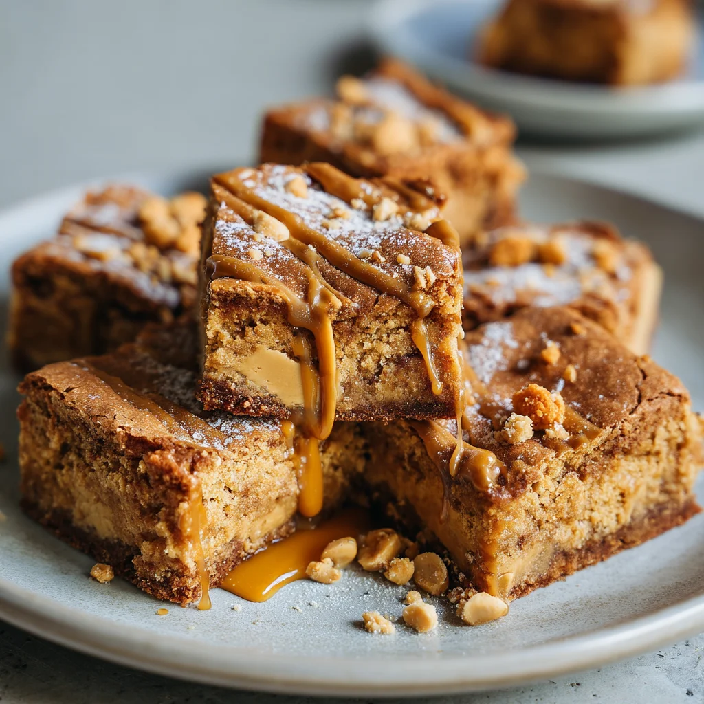 Gooey peanut butter protein blondies with cracked tops and chocolate chunks on a marble slab