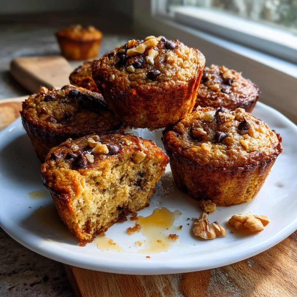 golden banana walnut muffins with crunchy walnut topping, fresh from the oven in a white ceramic baking dish