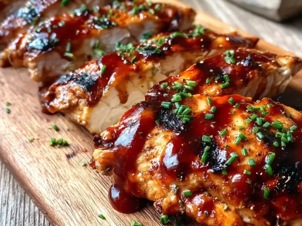 juicy bbq grilled chicken with caramelized glaze and grill marks on rustic wooden board