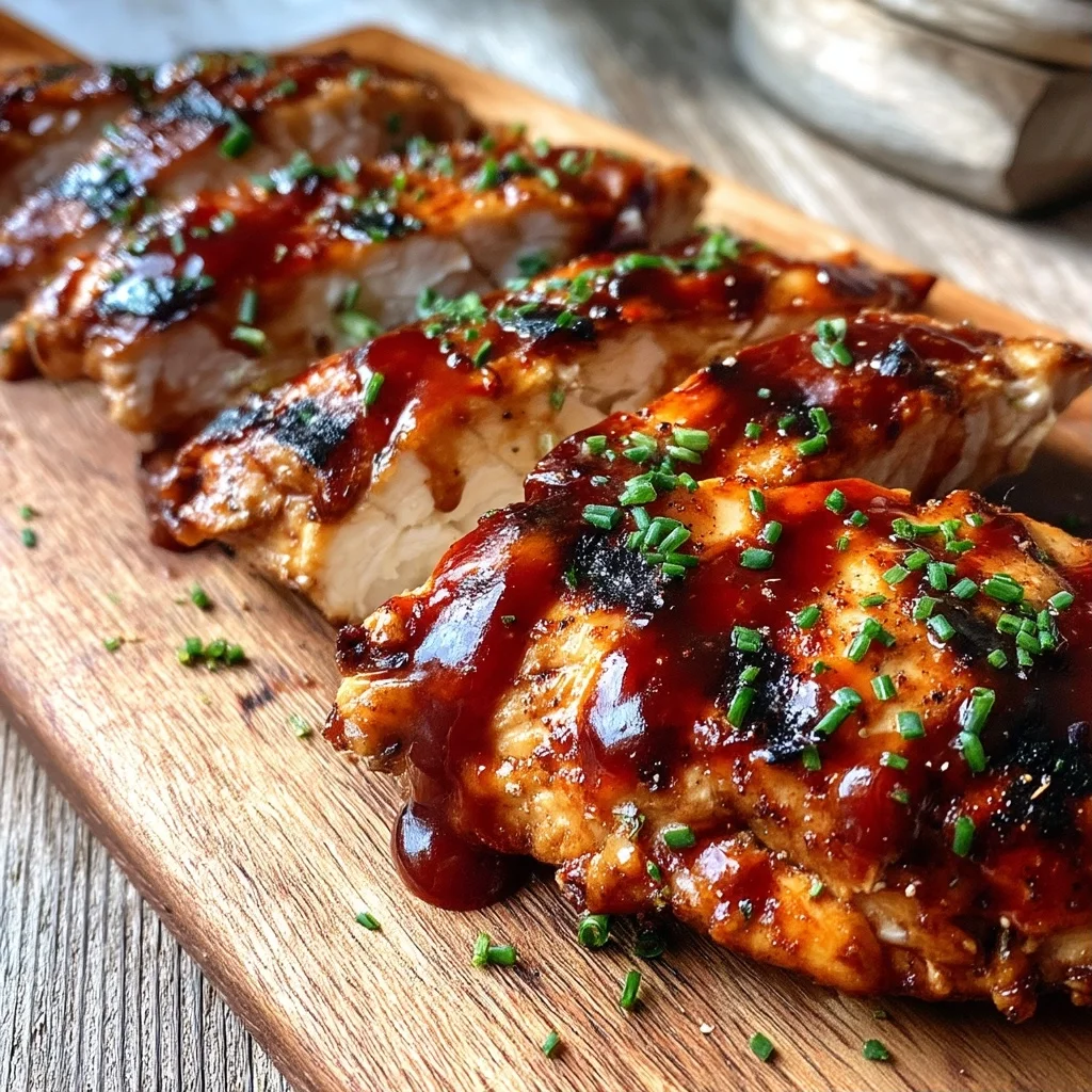 juicy bbq grilled chicken with caramelized glaze and grill marks on rustic wooden board