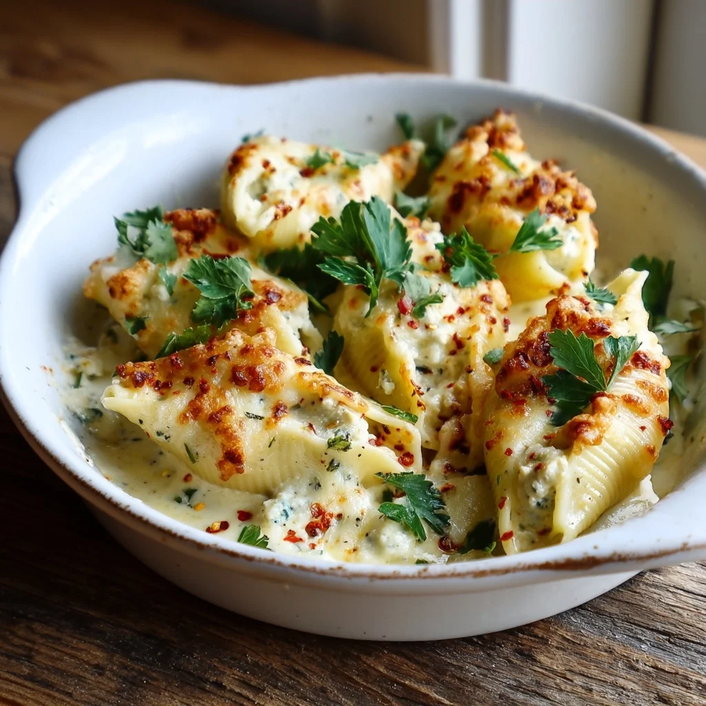 cottage cheese stuffed shells baked in tomato sauce with melted mozzarella and fresh basil garnish