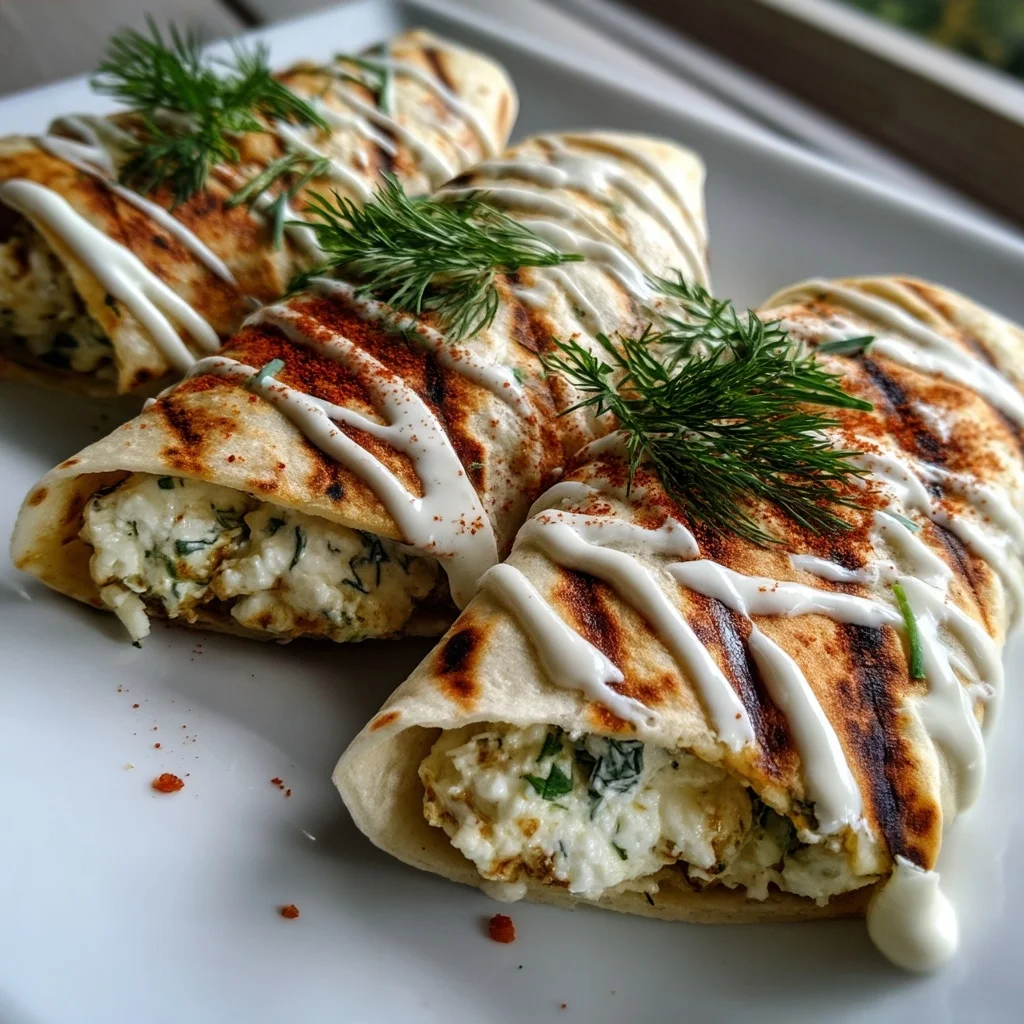 golden toasted cottage cheese wraps with creamy filling, fresh herbs, and glossy sauce drizzle on a white ceramic plate